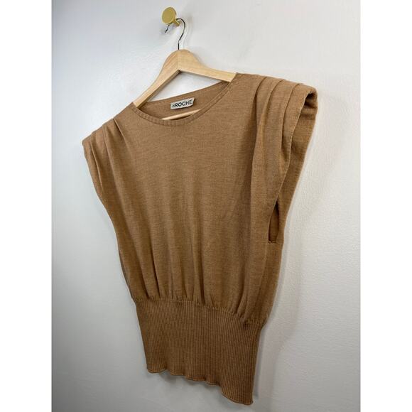 NEW St. Roche Sierra Padded Shoulder Sleeveless Cropped Sweater in Camel Brown - Picture 4 of 10